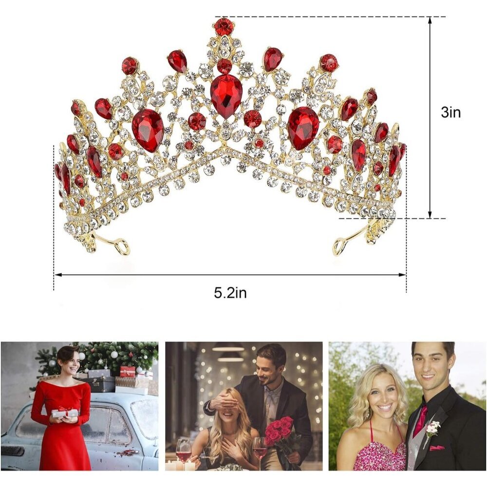 Red Crystal Crown for Women Girls Bridal Party Vintage Tiara Elegant Gift - Picture 3 of 9
